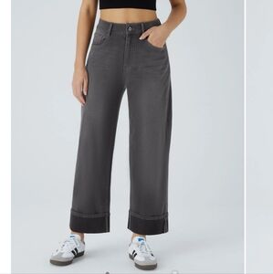 High Waisted Multiple Pockets Rolled Hem Wide Leg Washed Stretchy Knit